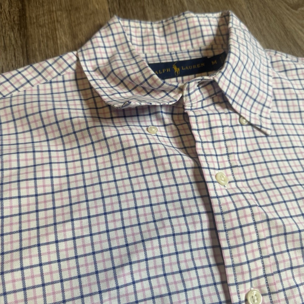 Ralph Lauren Men's Pink Blue Check Oxford Long Sleeve Shirt‎ Size Medium M